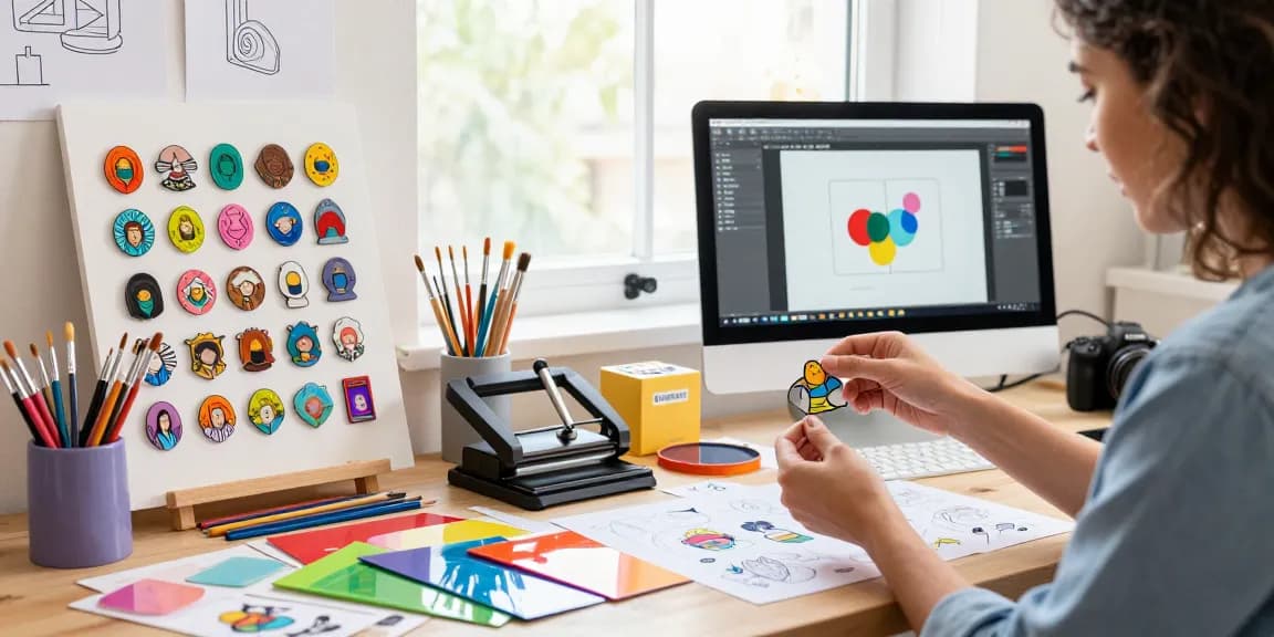 Custom acrylic pins displayed in a creative workspace showcasing design and production processes.