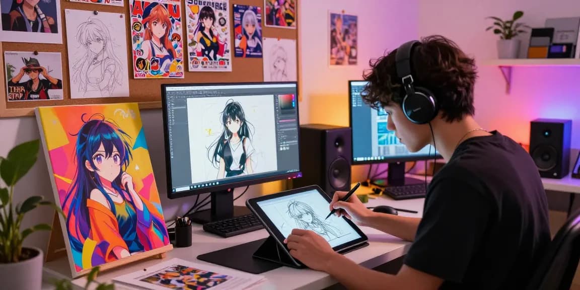 Artist creating ai ecchi character designs in vibrant studio filled with inspiration.