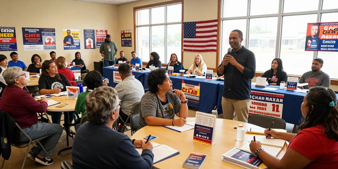 Casey Askar engaging with community members at a political town hall meeting, emphasizing civic participation.