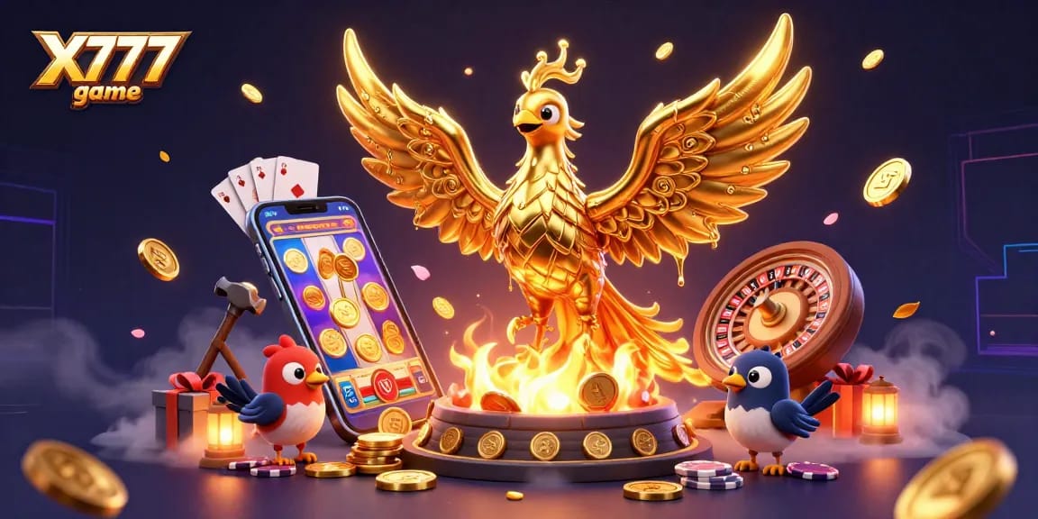 X777 game offers a dynamic gaming experience featuring a molten phoenix and vibrant casino elements.