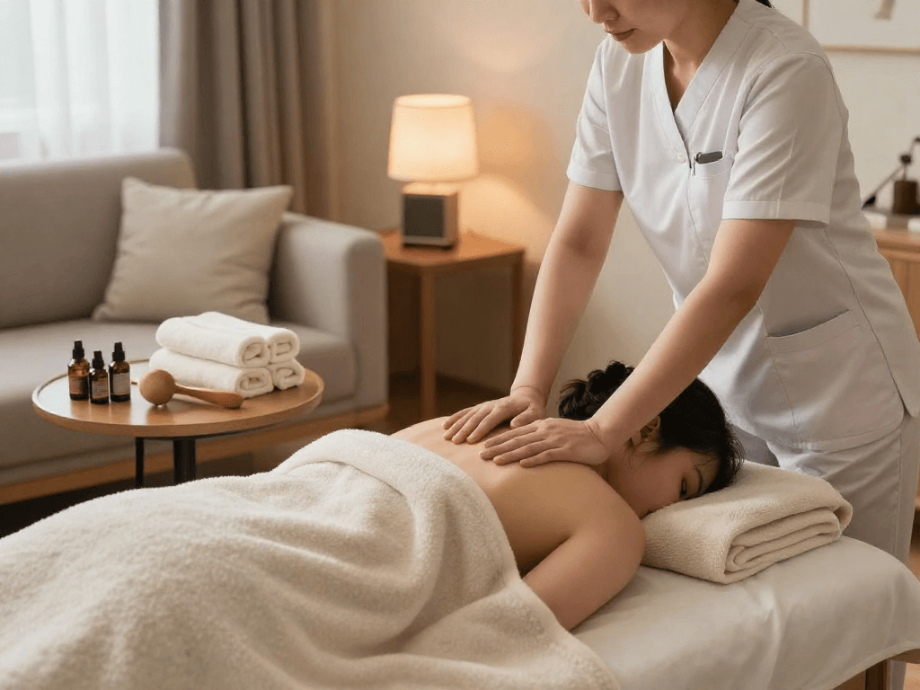 오산출장마사지 service in a serene home setting with a professional therapist soothing a client.