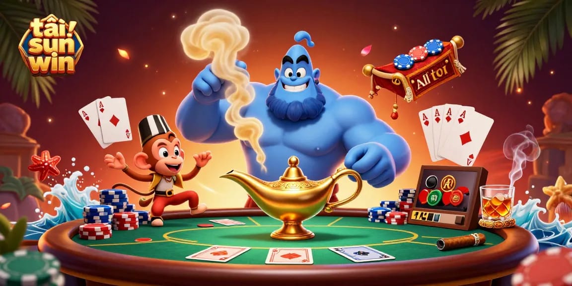 Engage with tải sun win as the genie, monkey, and magic carpet bring poker chips to life in a vibrant casino scene.