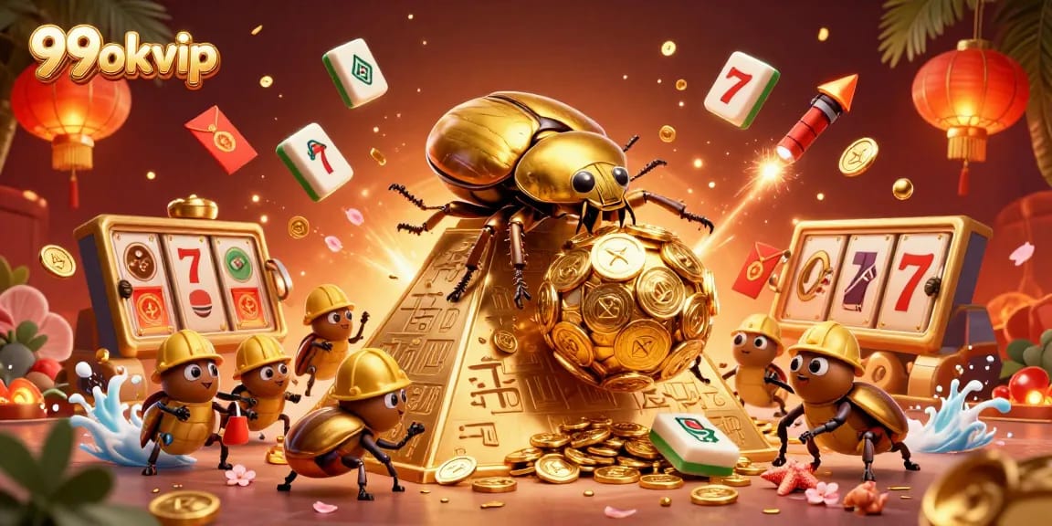 Play exciting games at 99okvip with golden beetles and dazzling casino elements in 3D.
