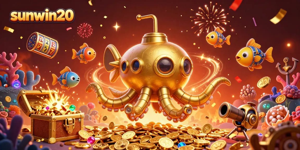 Engage in thrilling gameplay at sunwin20 with a vibrant kraken submarine amidst an explosion of gold and slot reels.