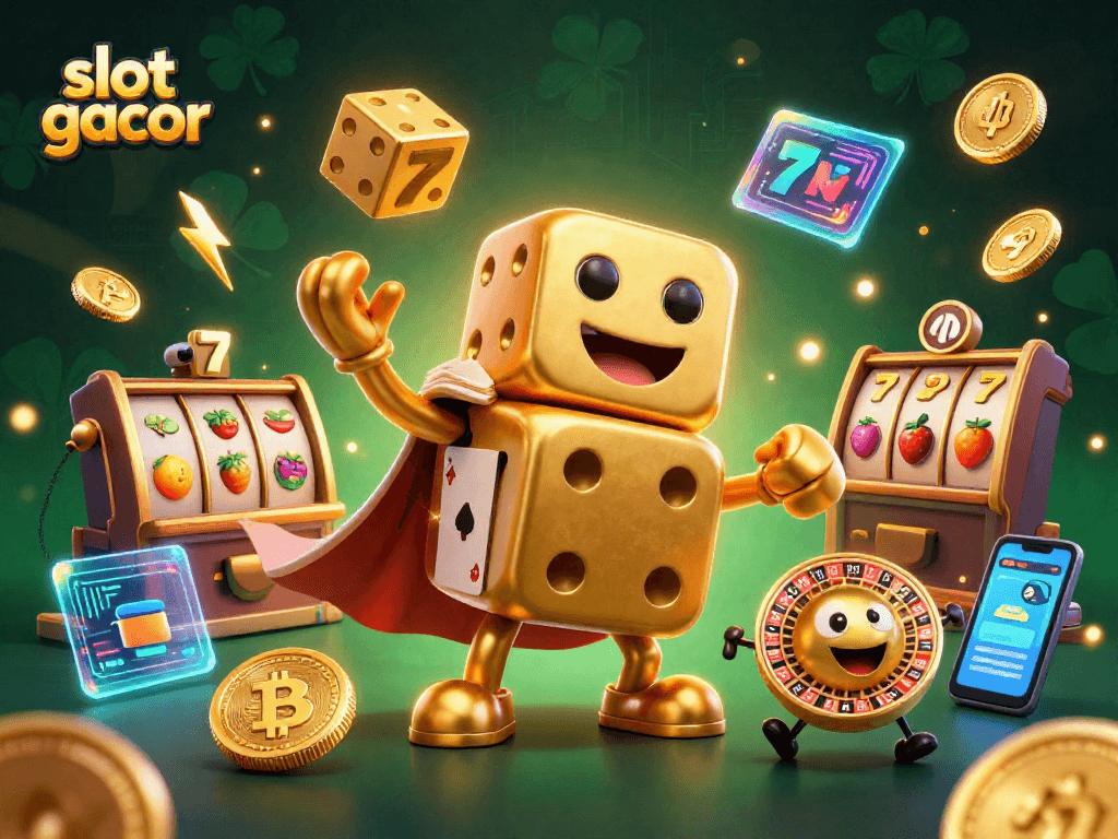 Experience the thrilling slot gacor action with vibrant characters and dynamic casino elements in this 3D illustration.