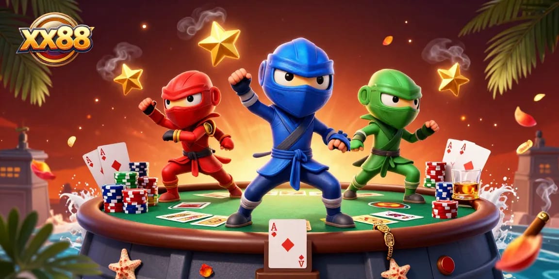 Experience exciting moments with xx88 as colorful ninjas engage in a lively poker game.