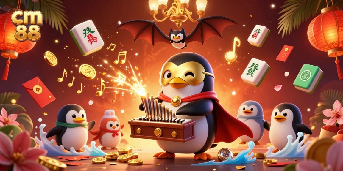 Experience the lavish world of cm 88 with a 3D illustration of an opera penguin and casino elements.