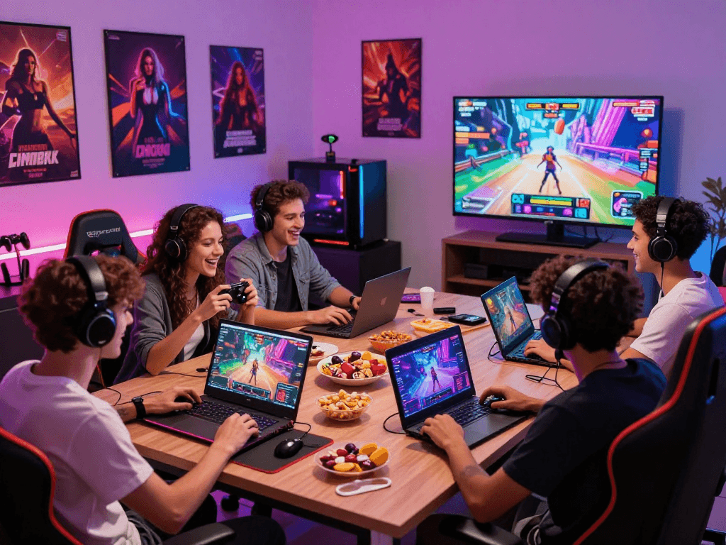 Enjoying sex games online with friends in a vibrant gaming room filled with colorful lights.