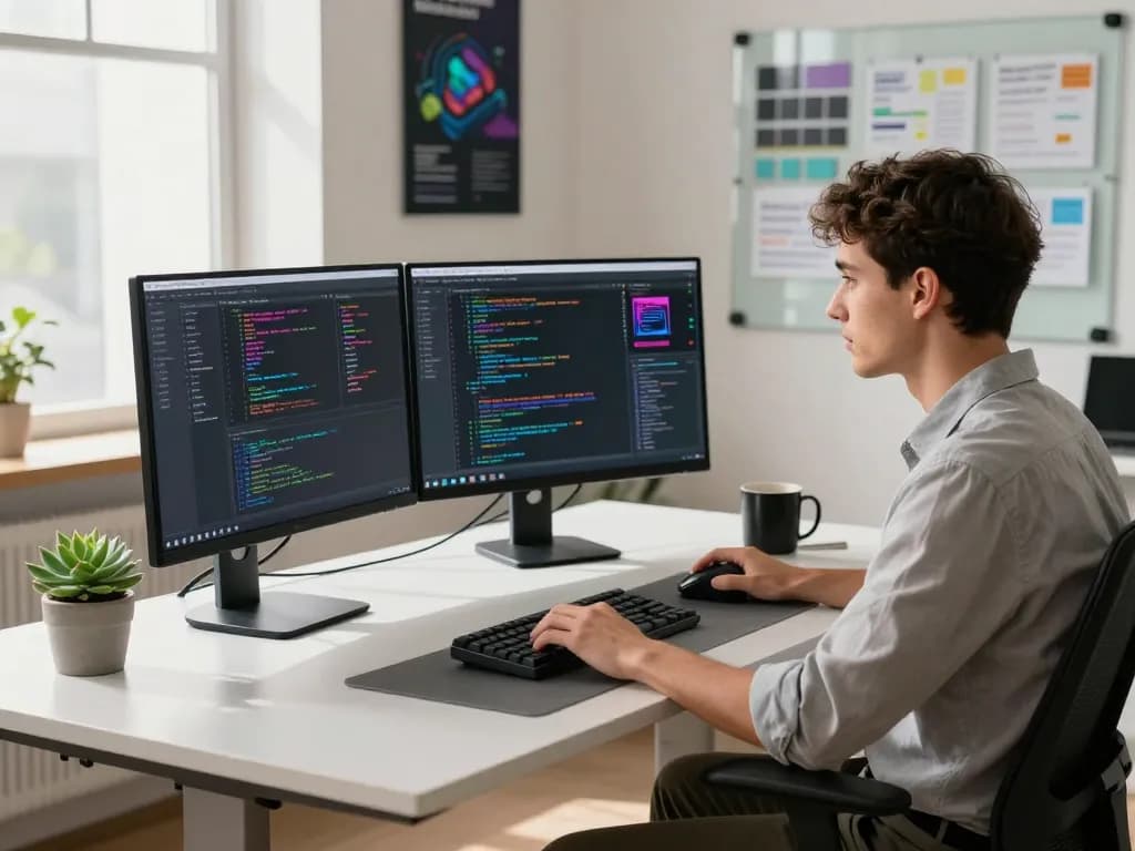 Tech gadgets for productivity in a modern workspace with coding screens, ergonomic accessories, and collaborative elements.