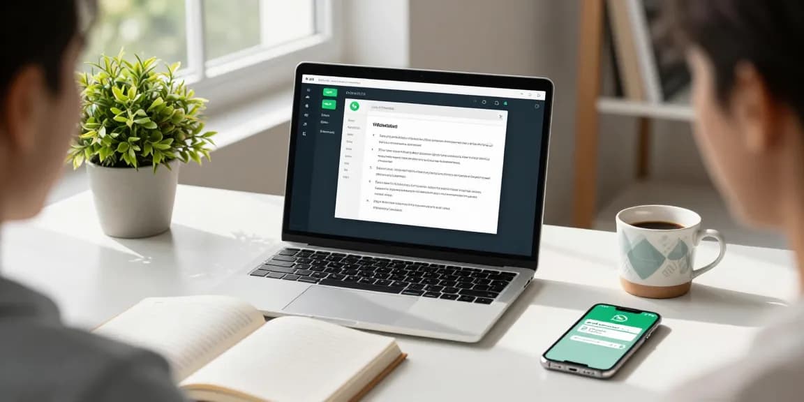 Using WhatsApp電腦版 on a laptop in a modern home office, showcasing an engaging workspace.