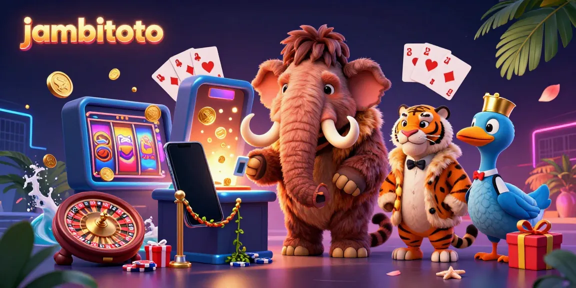 Engage with jambitoto's vibrant casino scene featuring a mammoth bouncer, saber-tooth VIP, and lively gaming elements.