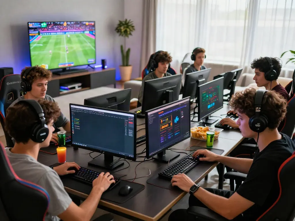 Gamers engaged in a competitive online betting session at debet platform, surrounded by snacks and sports.