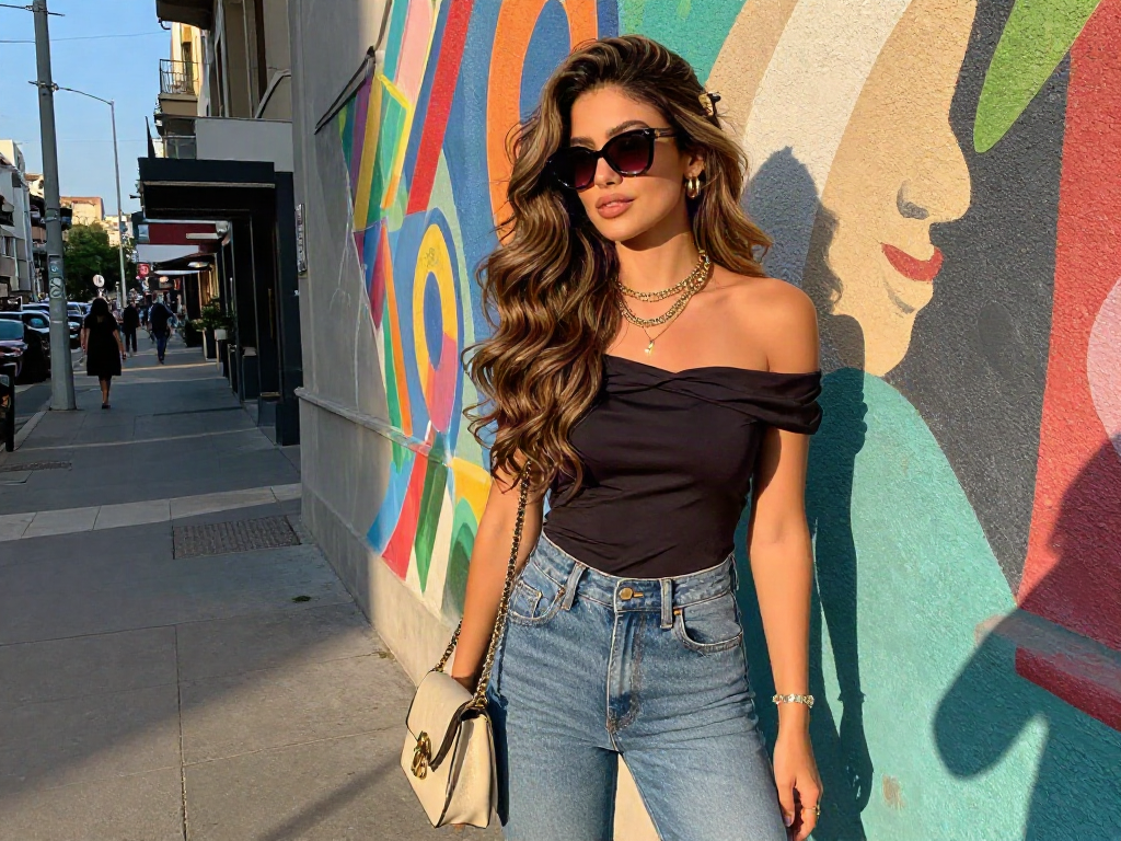 Seamless hair extensions clip in showcased by a fashionable woman in a vibrant urban setting, enhancing her stylish look.