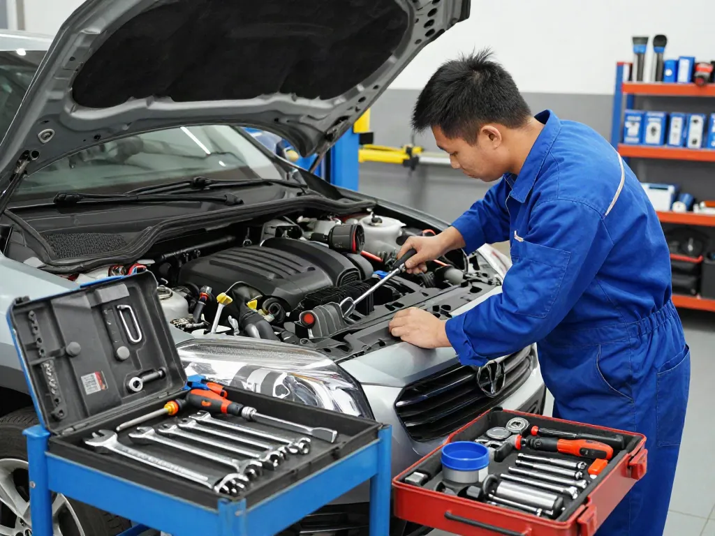 Technician using hazet tools for precise automotive repairs in a professional workshop.