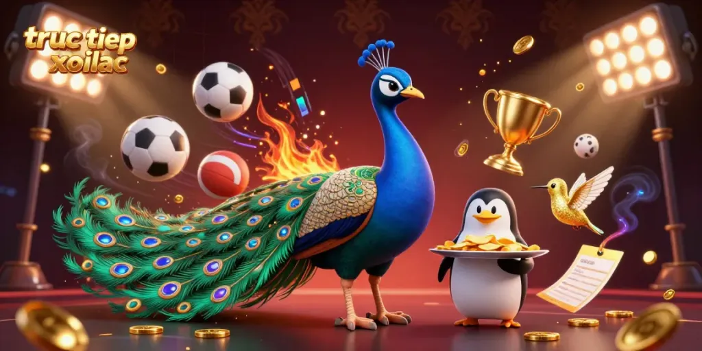 Experience high-energy sports betting at truc tiep xoilac with vibrant peacock and dynamic sports elements.