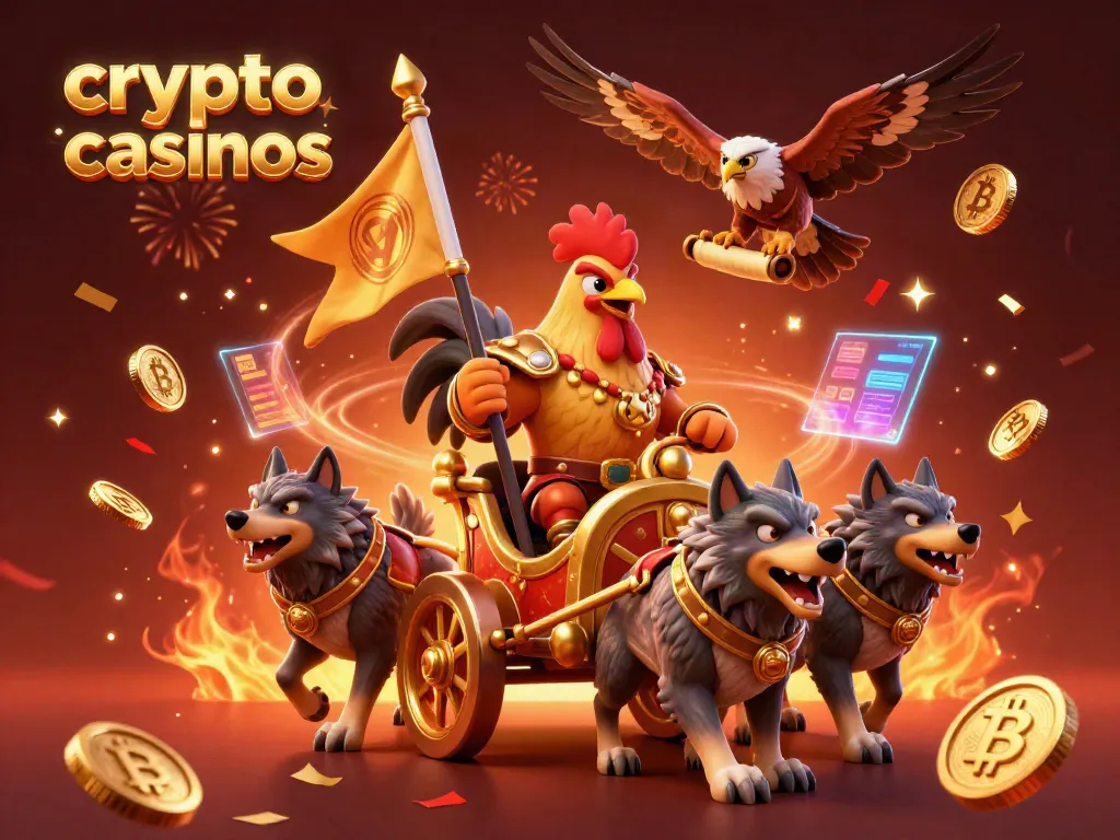 Engage in exhilarating crypto casinos with vibrant 3D elements and festive scenes, featuring Bitcoin and Ethereum.