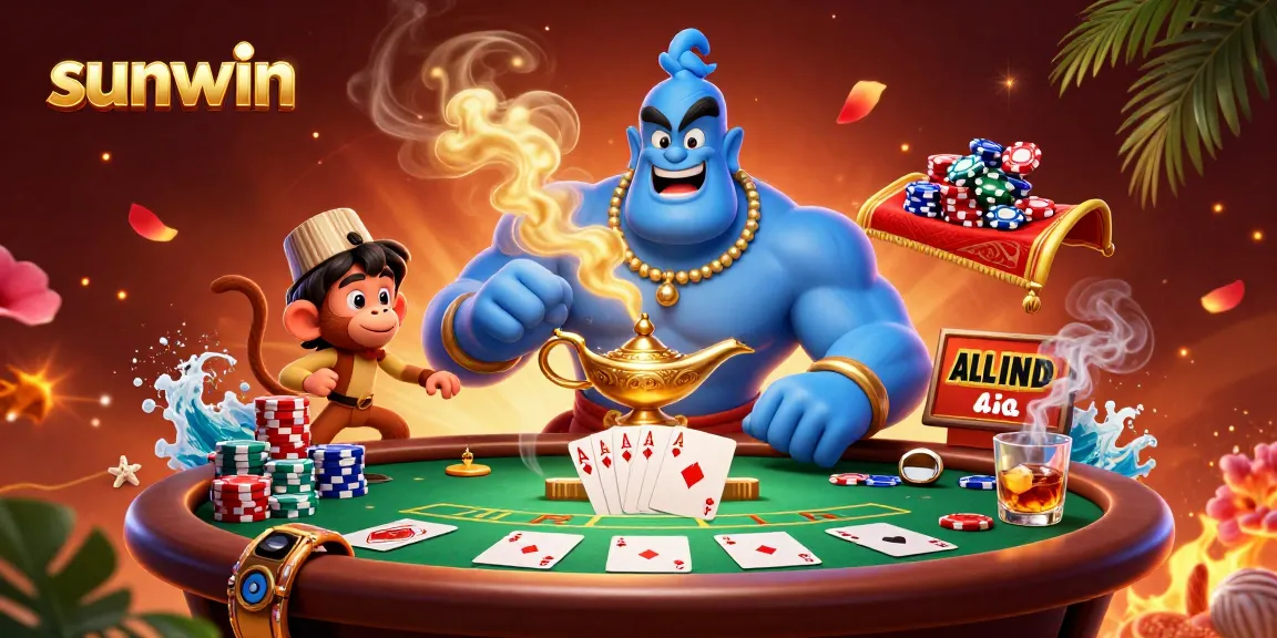 Experience high-stakes excitement at sunwin with our vibrant 3D casino scene, featuring a genie and poker chips.