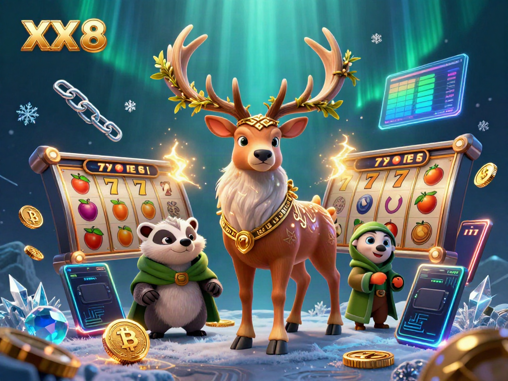 Engage in slot gaming excitement with XX 8's vibrant 3D scene of lucky symbols and creatures.