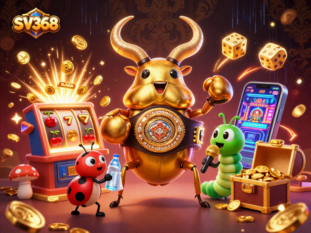 SV368 betting action featuring a golden stag beetle champion amid vibrant casino elements soaring around.