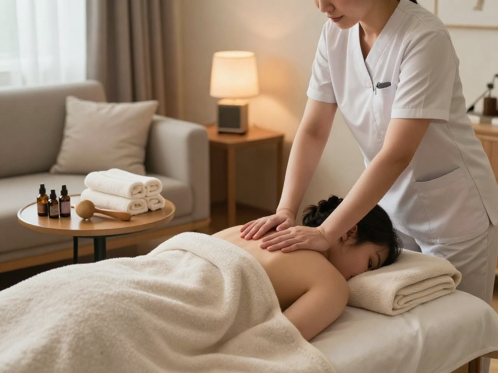 오산출장마사지 service in a serene home setting with a professional therapist soothing a client.
