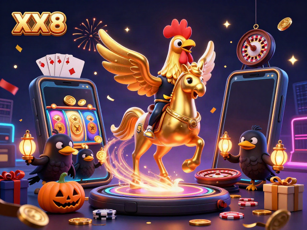 Experience thrilling gameplay with the XX 8 golden rooster and casino adventure illustration.