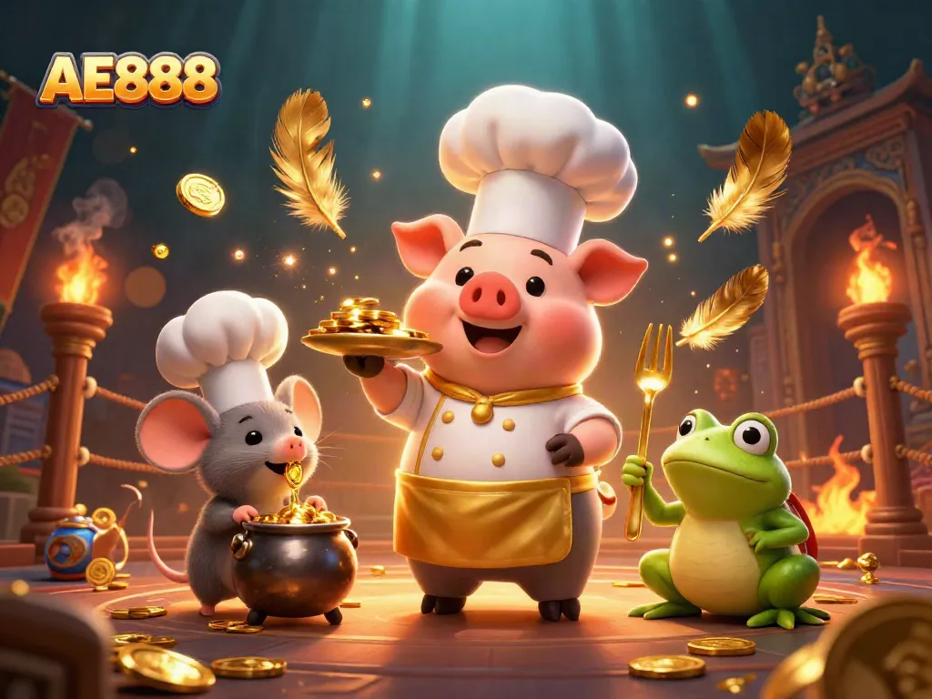 Engaging AE888 casino scene featuring a chef pig serving gold coins, a sous-chef mouse, and a frog critic.