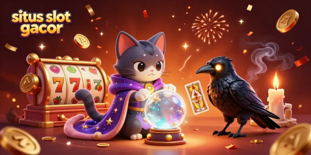 Engage with the situs slot gacor through a mystical 3D casino scene featuring vibrant characters and game elements.