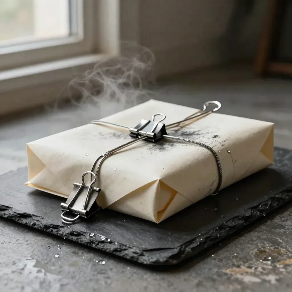 Graphite audit bundle on wet slate with silver clips, mist, and a strong diagonal