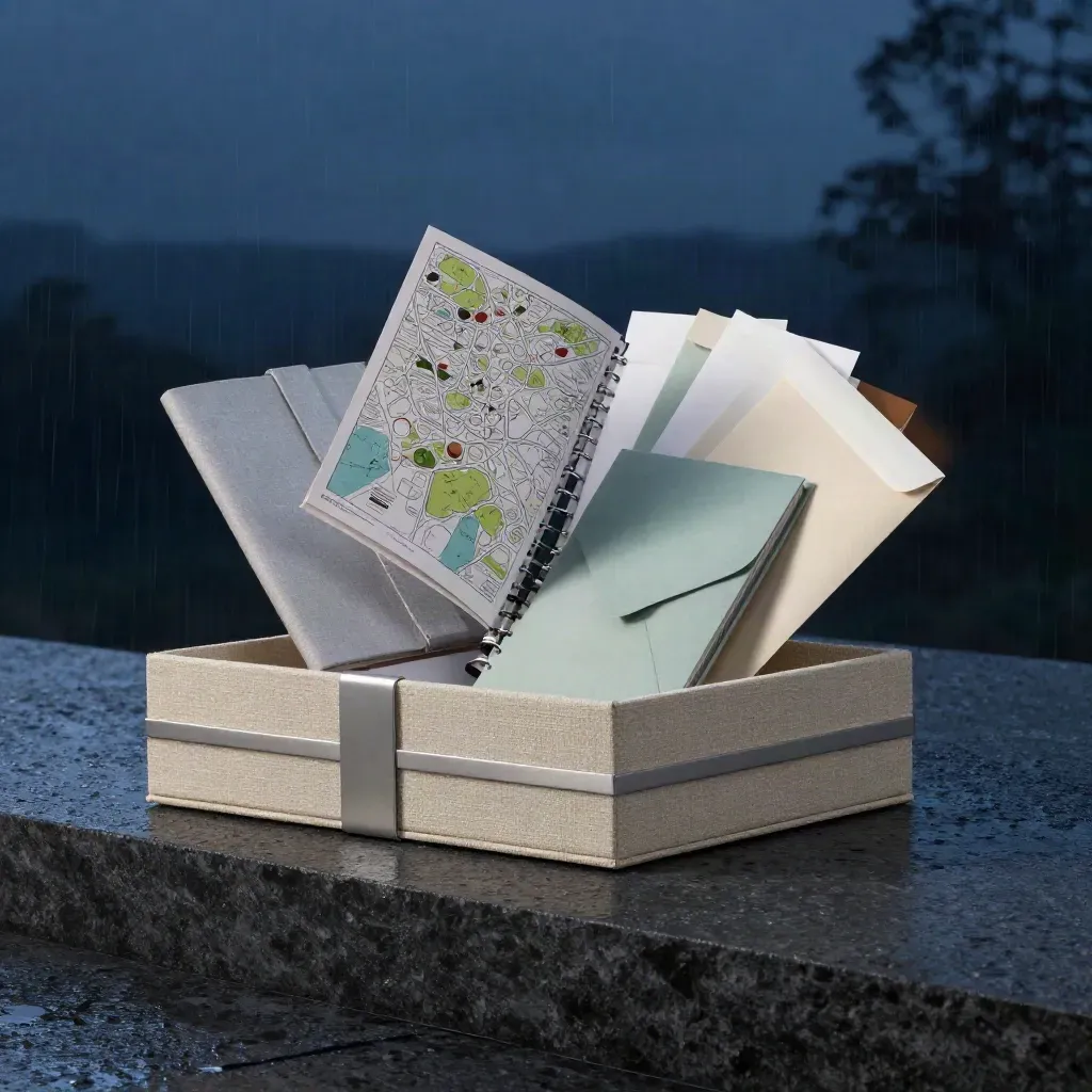 Market-entry starter kit with binder, map folio, envelopes, on rain-darkened stone in blue hour.