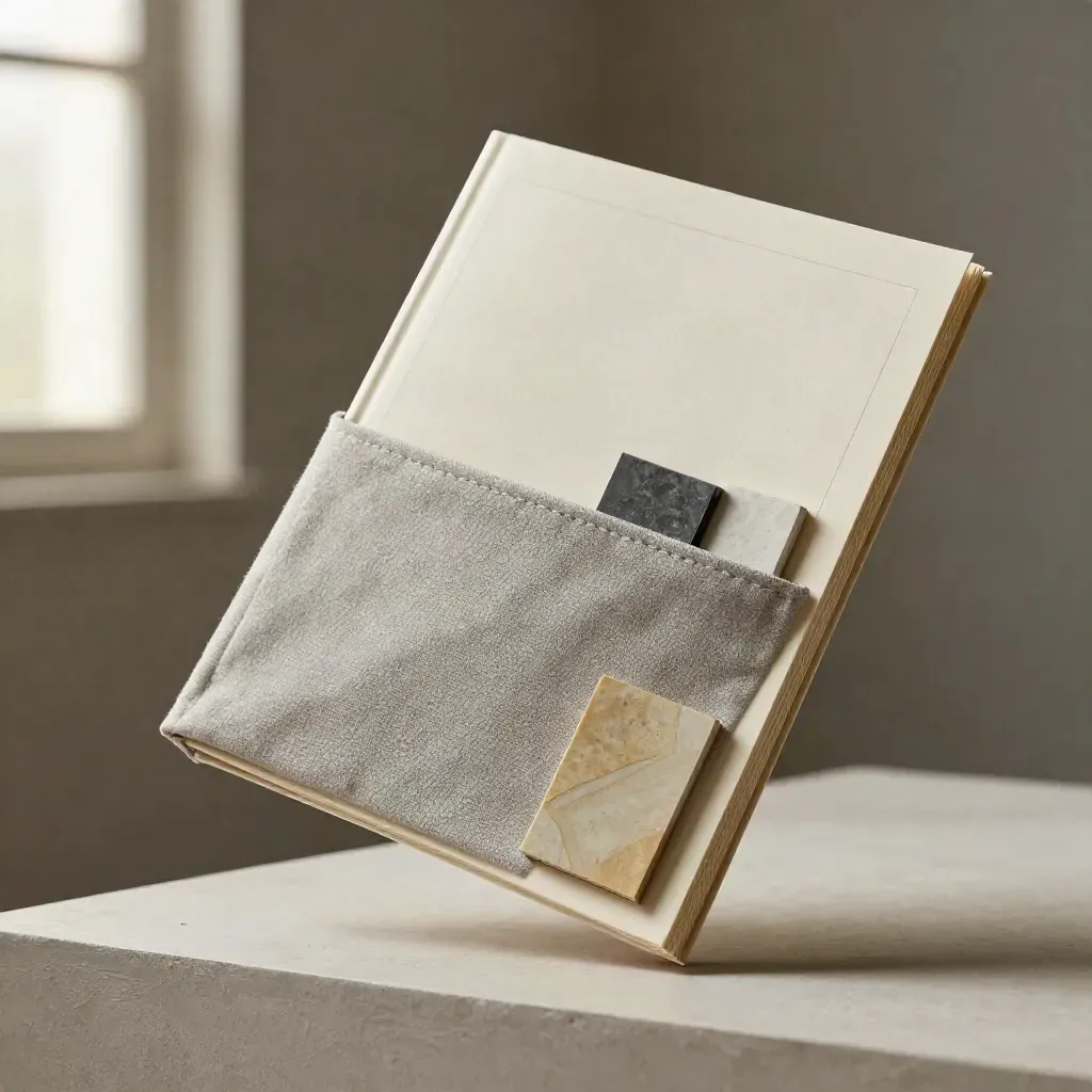 Cream market-entry folio kit with pouch and stone samples, suspended by linen