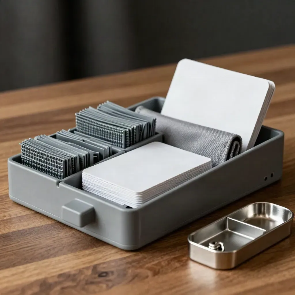 Matte grey setup kit modules, cable ties and metal tray in a stepped macro grid