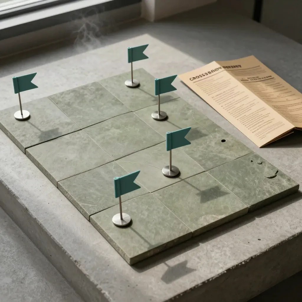 Overhead flatlay of map tiles, pin flags, and route tokens on concrete with teal accents.