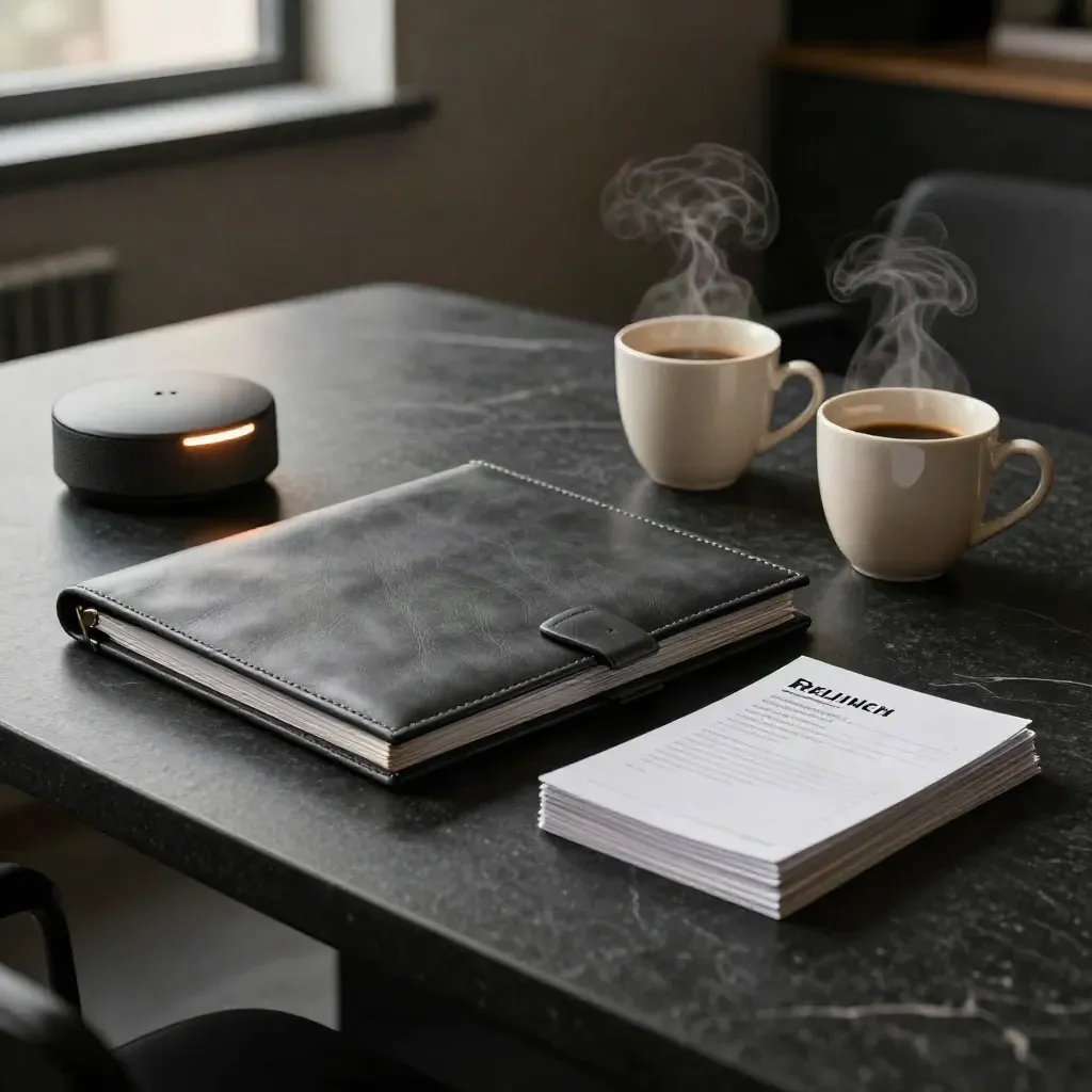 Review folder, glowing speaker puck, steaming coffee cups, and cards on a dark plinth.