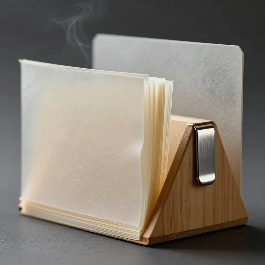 Macro of a vellum-wrapped brief bundle with silver clip and maple wedge on a dark background.