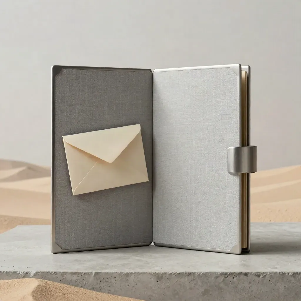 Open compliance portfolio with metal guards, sand divider and sealed envelope on concrete in desert haze.