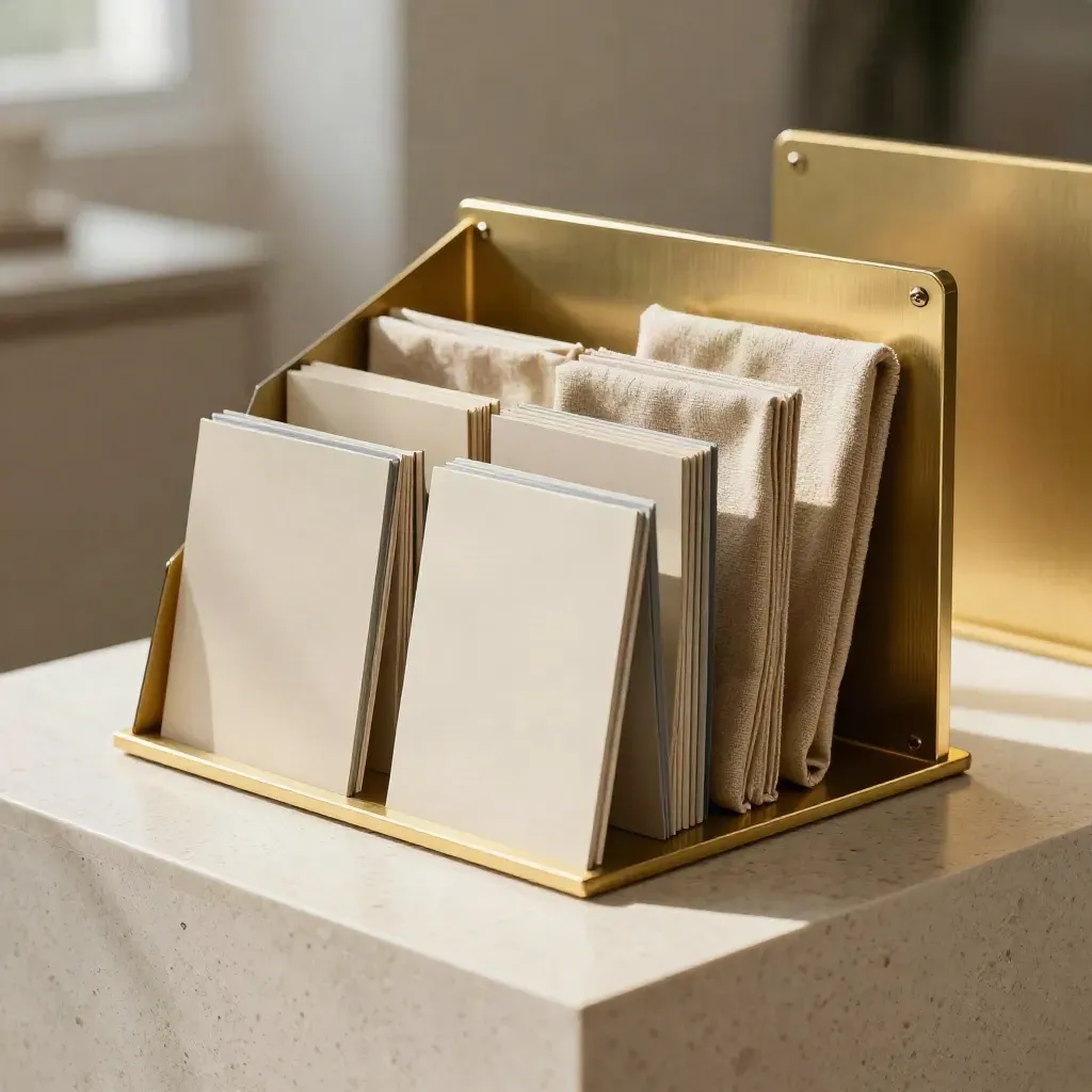 Modular retail rollout kit with shelf markers, plan cards and a fabric swatch on stone.