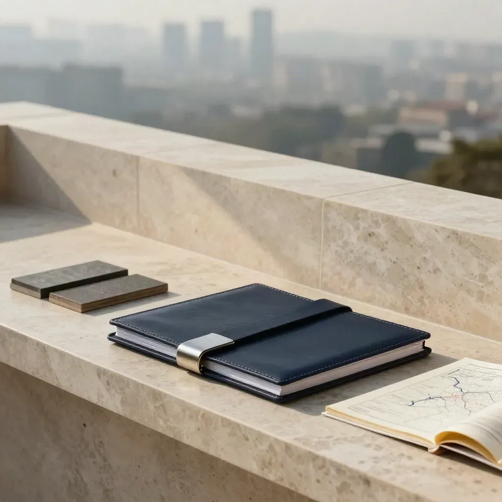 Sunlit limestone terrace with a navy folio, stone samples, and a hazy skyline for Global First.