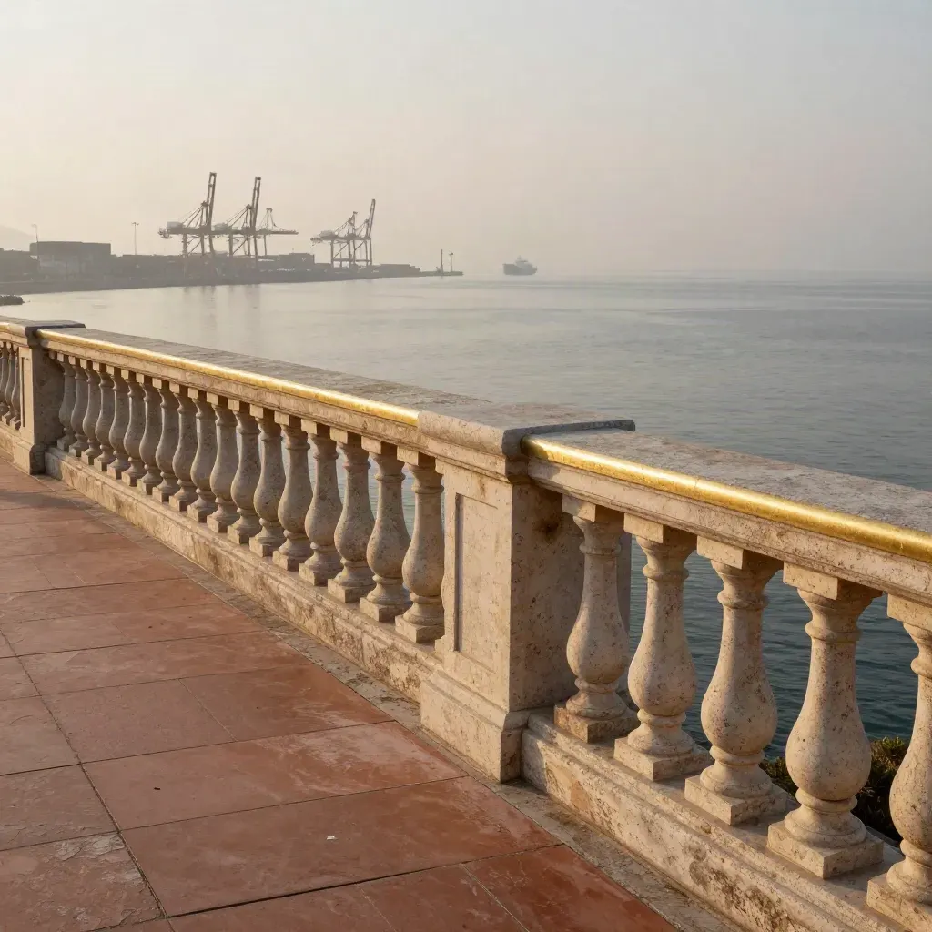 Foggy harbor overlook with stone balustrade, cargo ships, and calm sea below.