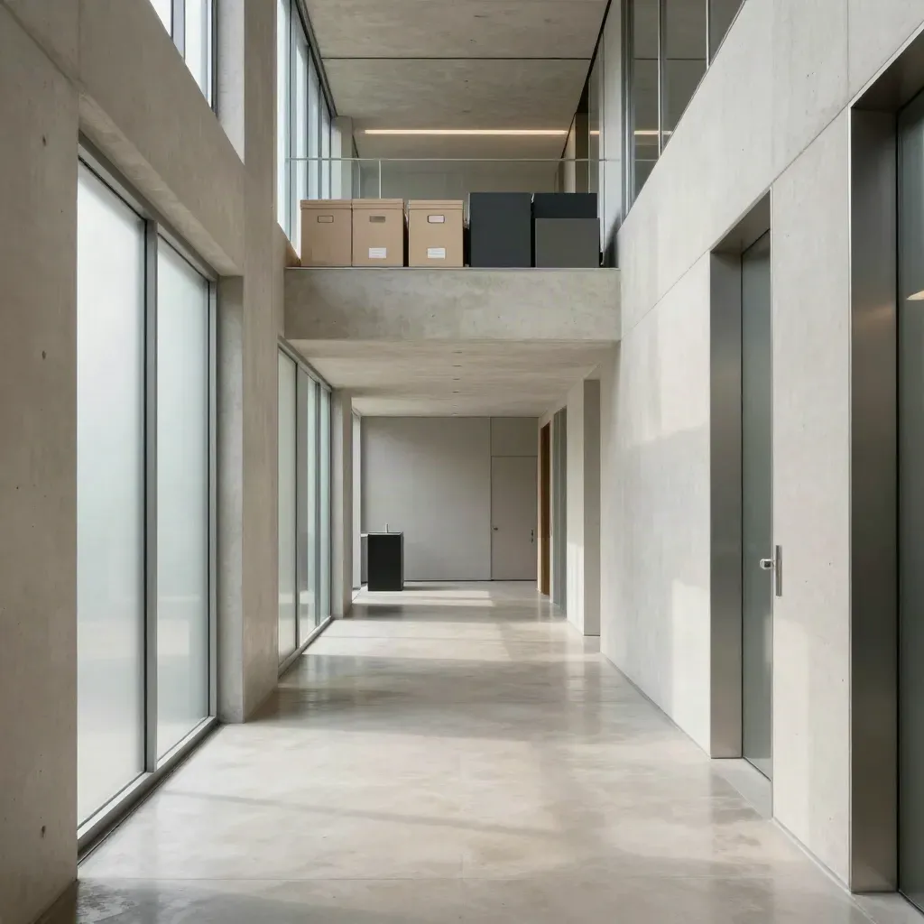 Sunlit concrete corridor with brushed-metal doorframes and open floor for copy.