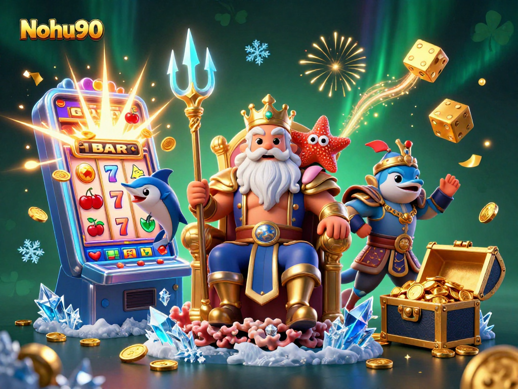 Nohu90 offers a vibrant illustration of a jackpot scene with Neptune, samurai, and casino elements.