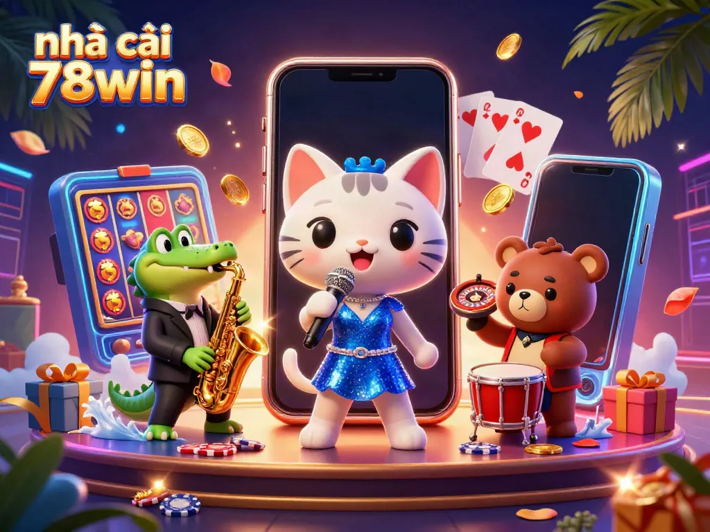 Engage in exciting gaming at nhà cái 78win, featuring animated characters and casino games.