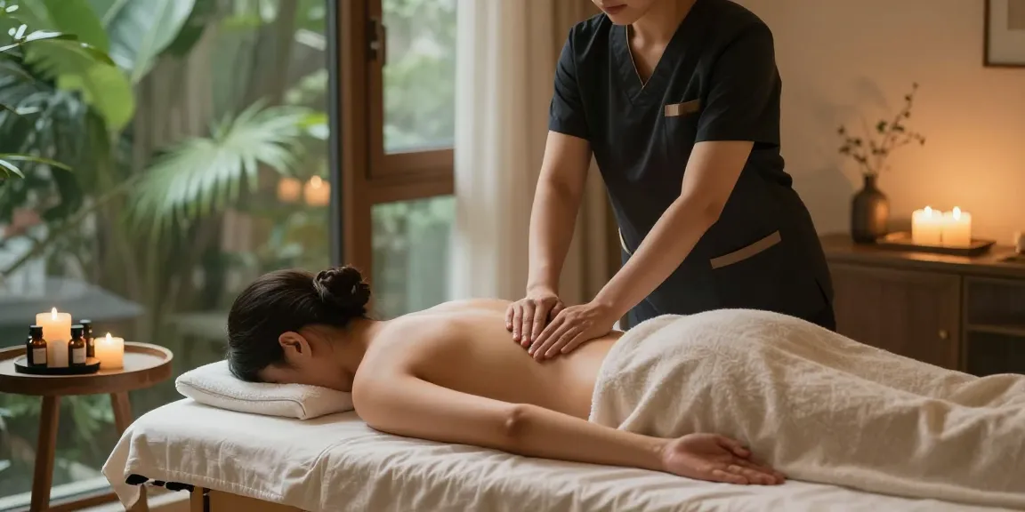 서울출장안마 service with a client receiving a soothing massage in a serene setting.