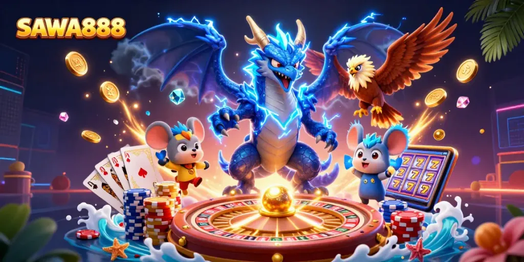 Experience the thrill of SAWA888 with a vibrant casino scene featuring dynamic characters and game elements.