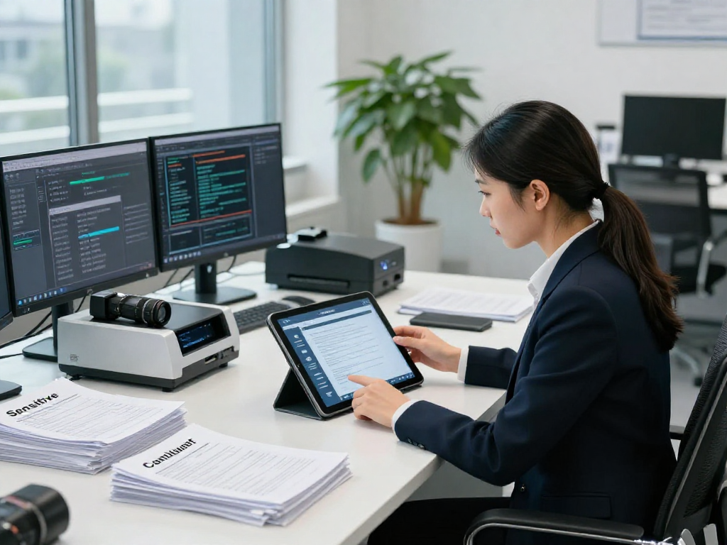 Document fraud detection scene with professional analyzing data in modern office.