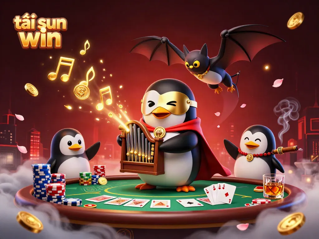 Experience the thrill of tải sun win in a dynamic 3D casino scene featuring a penguin organist and gambling elements.