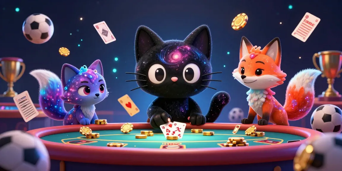 Experience kèo bóng đá trực tuyến with a whimsical scene of a cosmic casino featuring characters, sports elements, and vibrant cosmic effects.