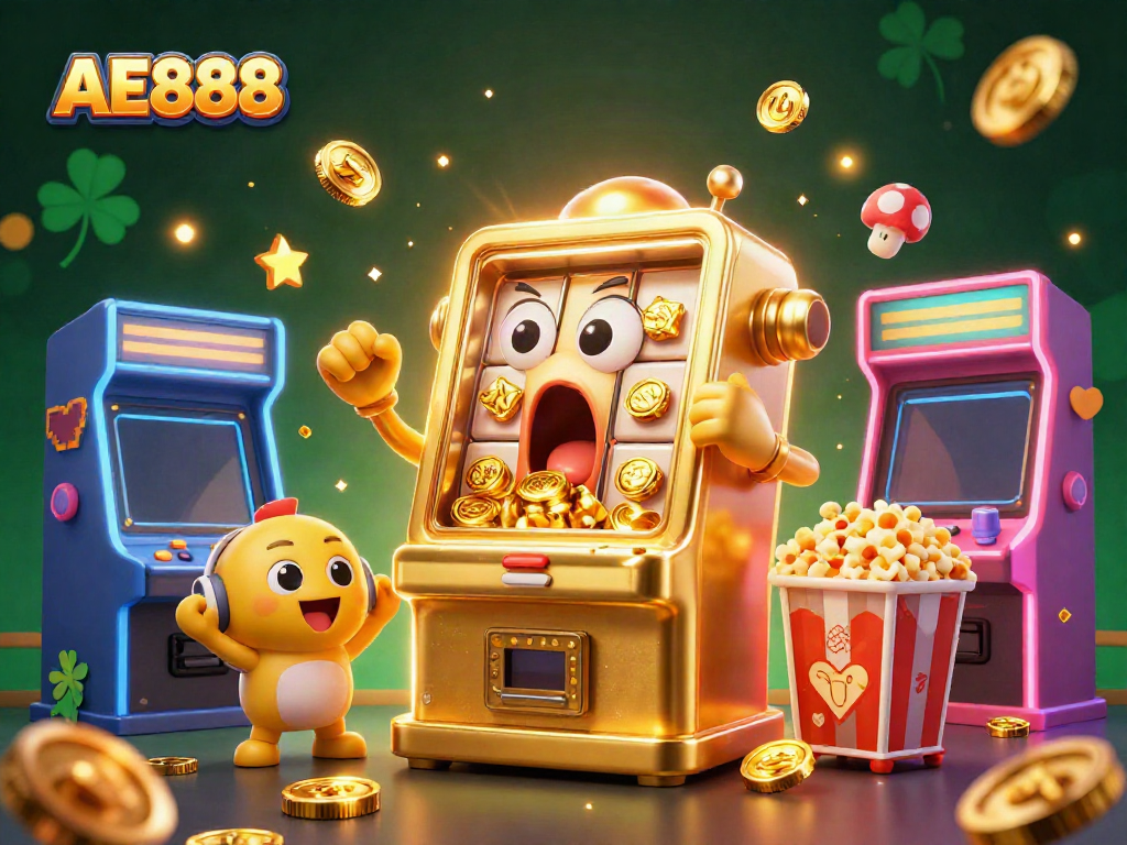 Experience AE888 excitement with a lively scene of a golden slot machine celebrating a jackpot.