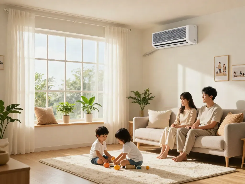 Cozy family living room with ductless air conditioner mini providing comfort and style.