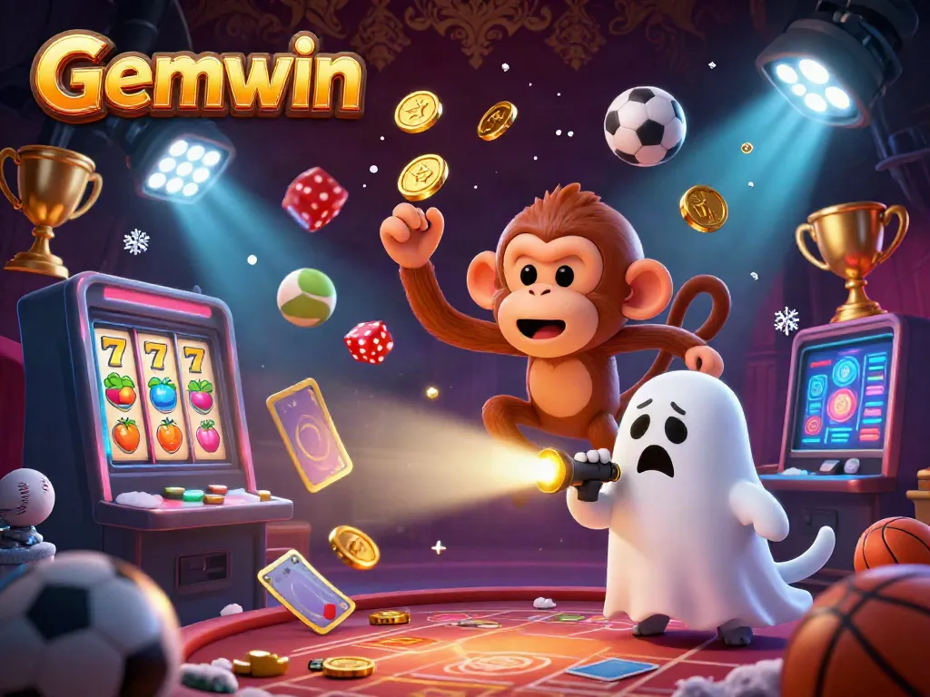 Experience the excitement of Gemwin with a poltergeist monkey juggling golden casino elements in a haunted setting.