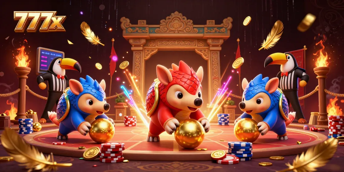 Compete with 777x pangolins in a high-stakes poker scene with golden confetti and vibrant visuals